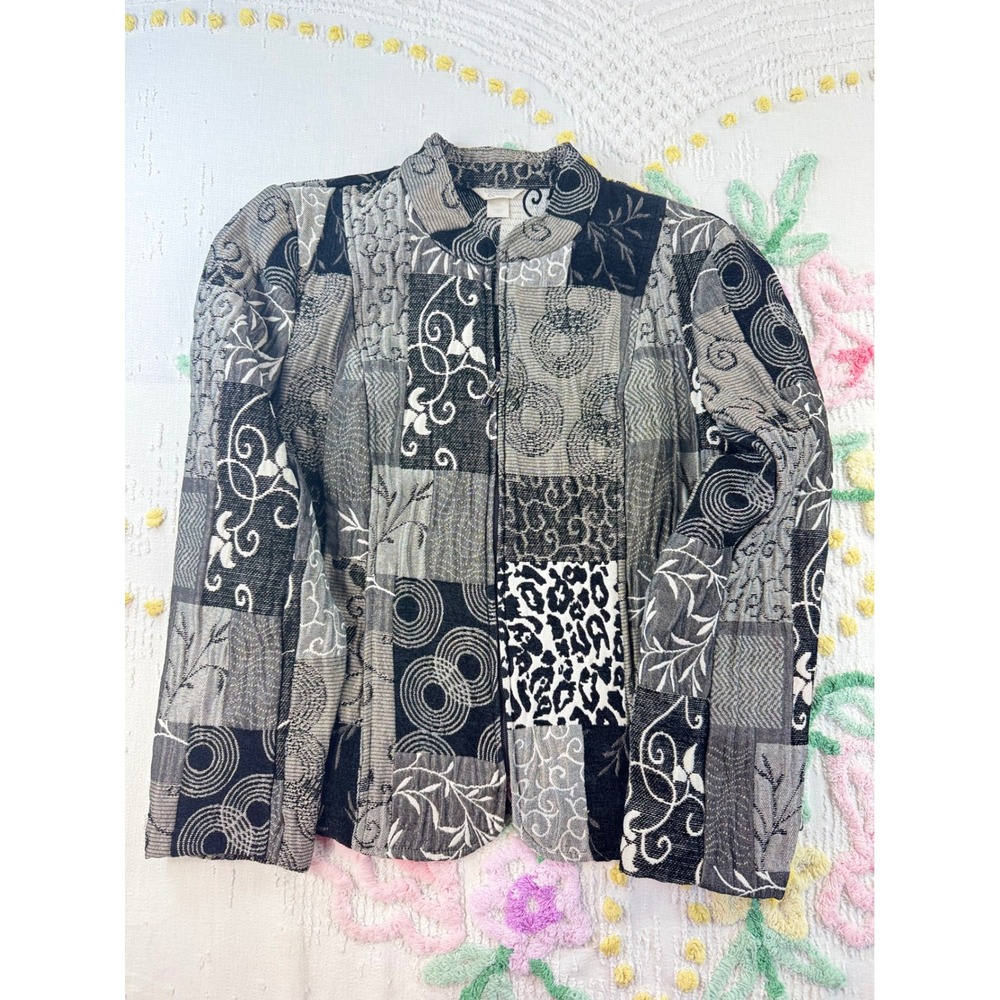 Christopher Banks Patchwork Blazer‎ Jacket Black White Gray Women's M - Picture 2 of 9